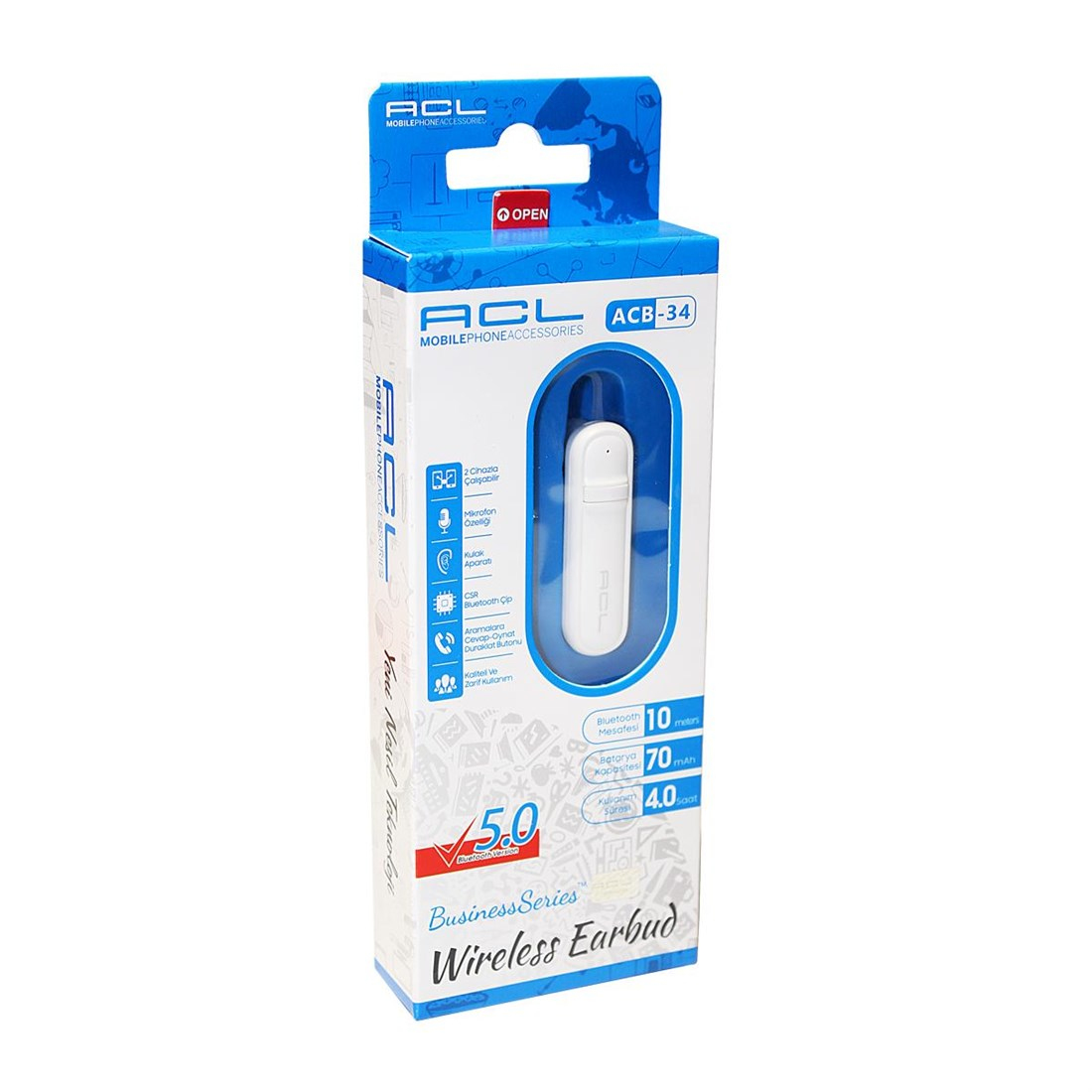 ACL ACB-34 Bluetooth Wireless Single Ear Headset (Black / White)